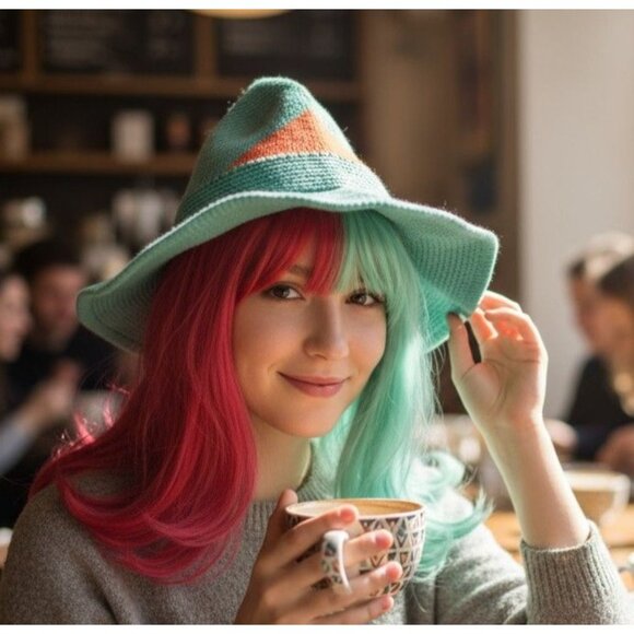 Green Knit Witch Hat - Soft Point Brim - New - Witchcore Cottagecore Hedge Witch - Picture 2 of 12